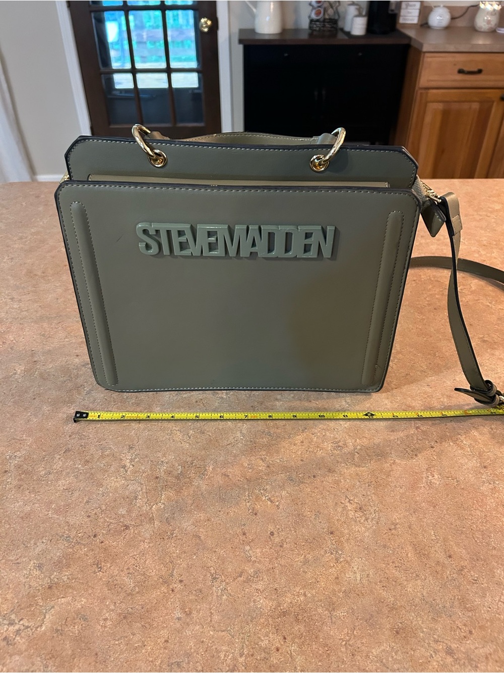 Steve Madden Olive Structured Logo Crossbody Bag with Gold Hardware